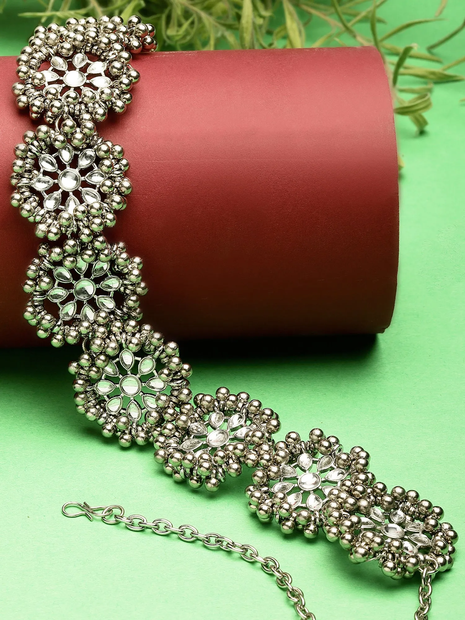 Karatcart Oxidised Silver Floral Silver Ball Beaded Kundan Hairband for Women