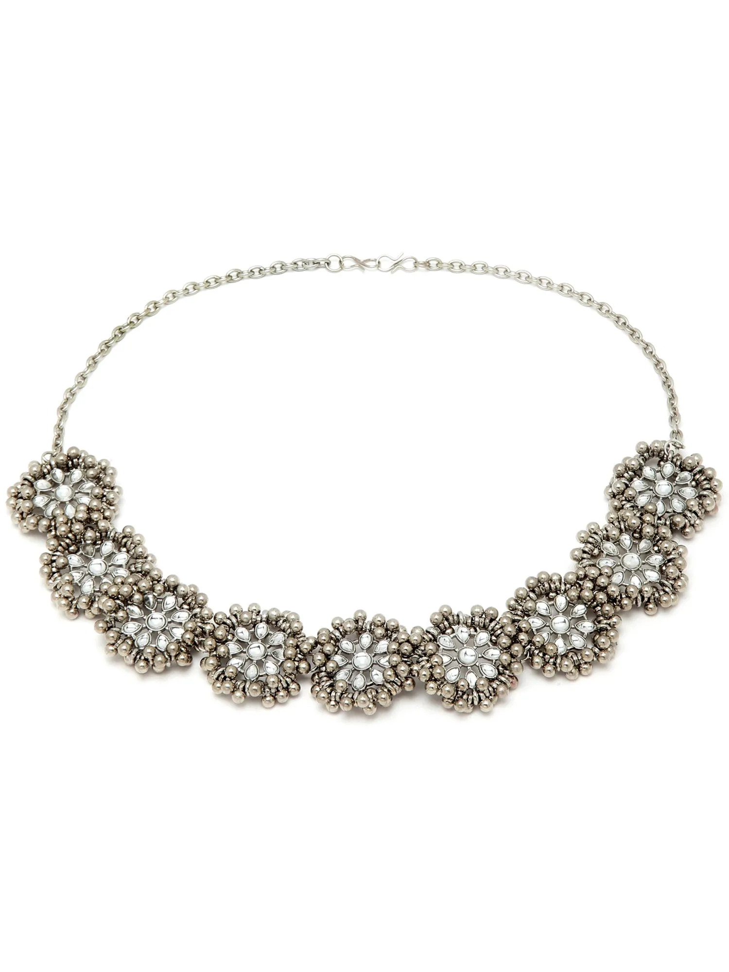 Karatcart Oxidised Silver Floral Silver Ball Beaded Kundan Hairband for Women