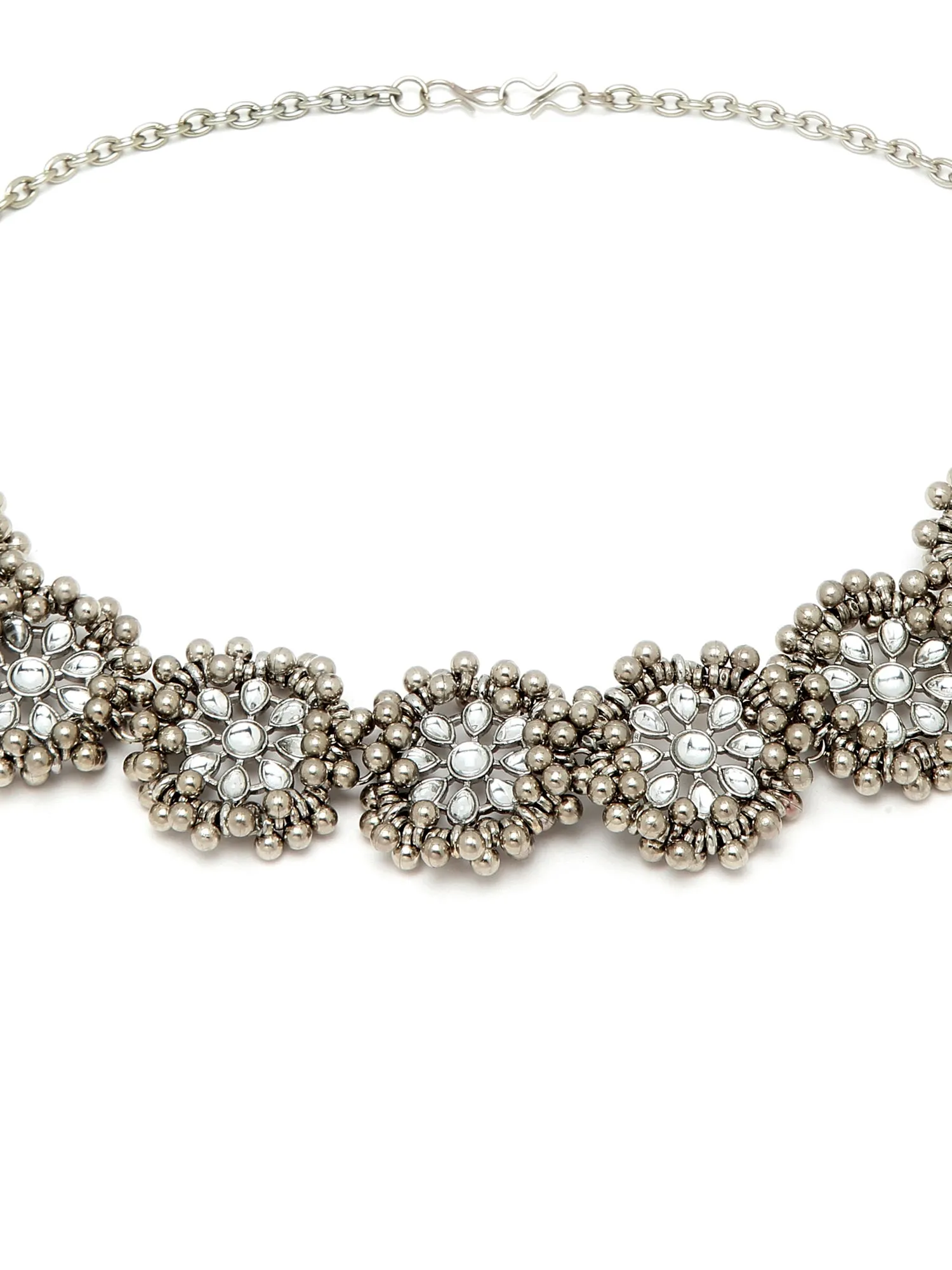 Karatcart Oxidised Silver Floral Silver Ball Beaded Kundan Hairband for Women