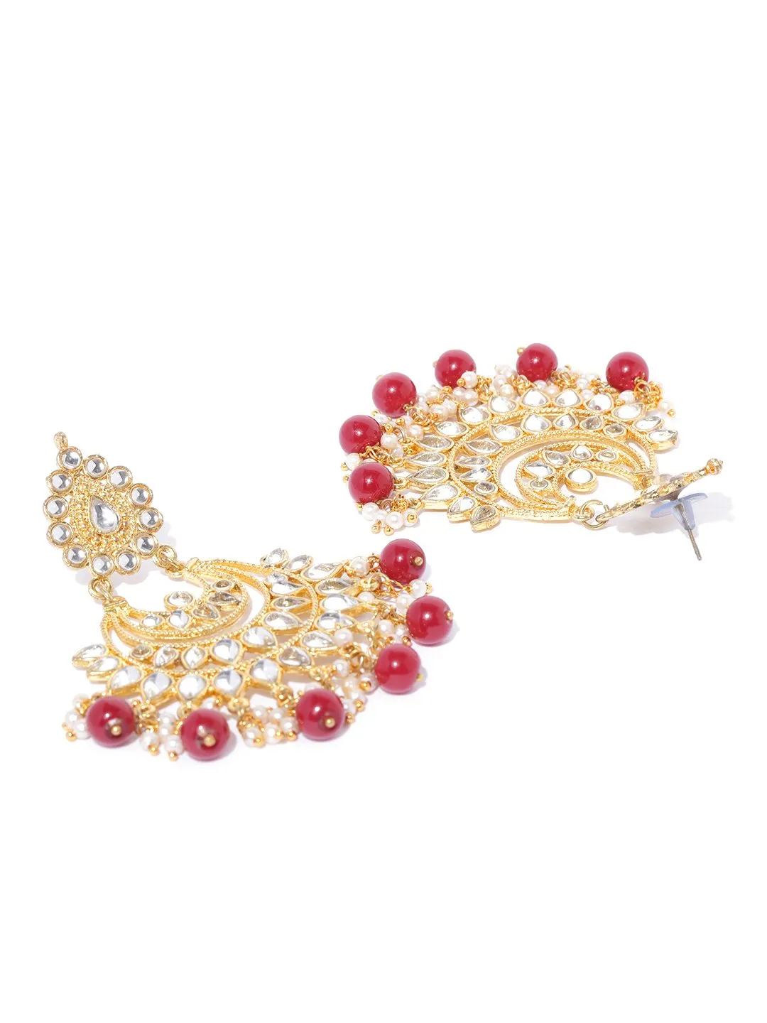 Karatcart Red Beads and Kundan Chandbali Earrings with Maangtikka