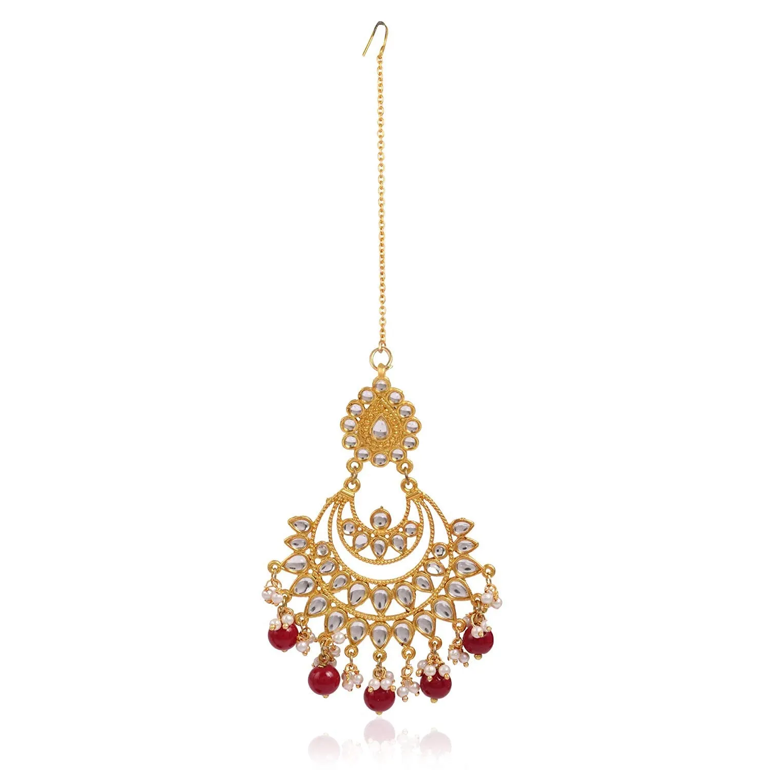 Karatcart Red Beads and Kundan Chandbali Earrings with Maangtikka