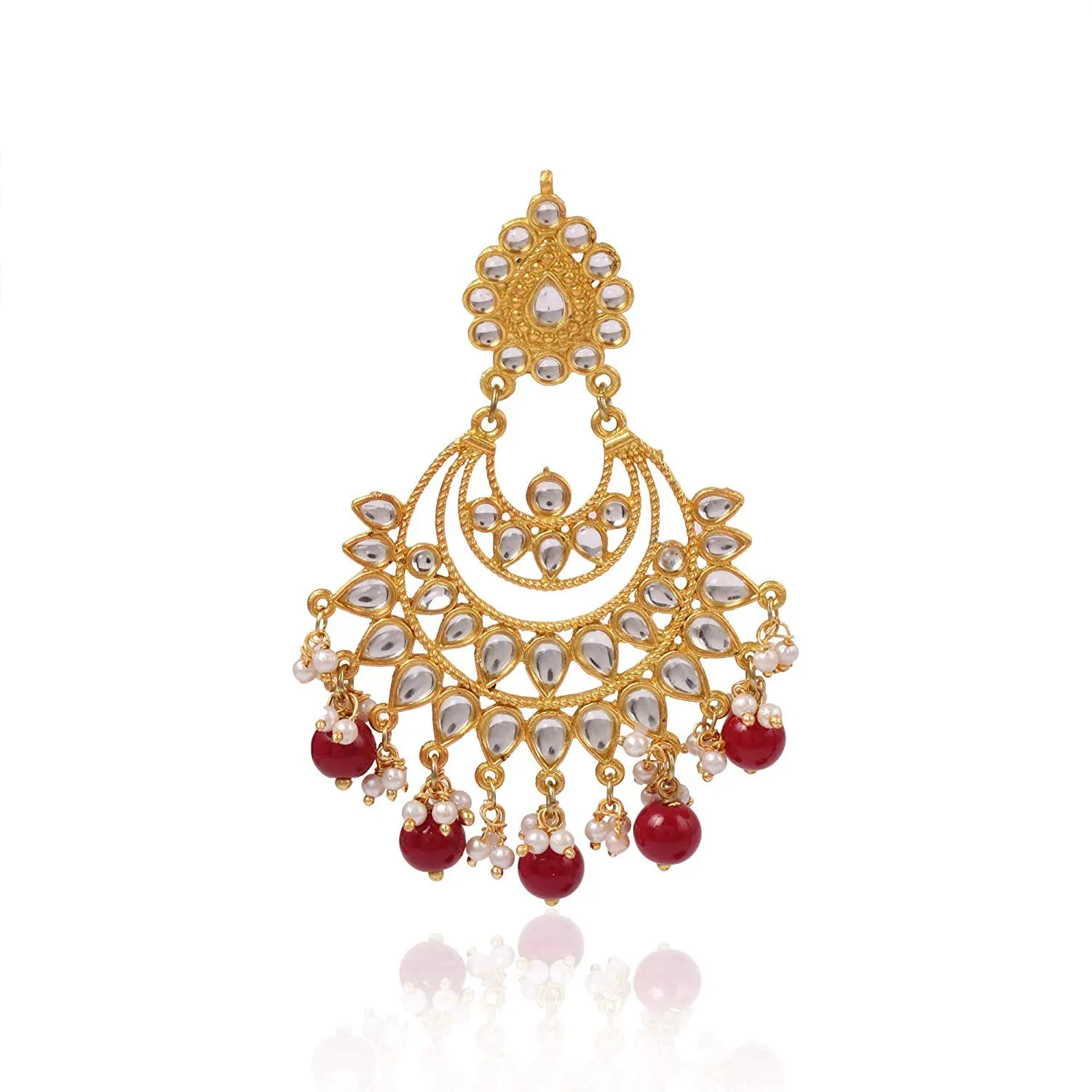 Karatcart Red Beads and Kundan Chandbali Earrings with Maangtikka