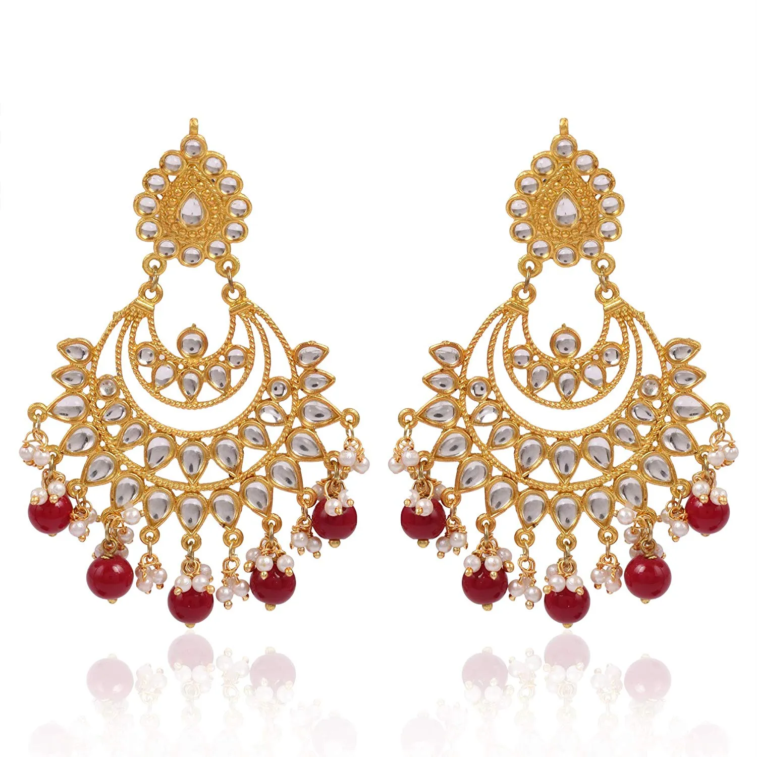 Karatcart Red Beads and Kundan Chandbali Earrings with Maangtikka