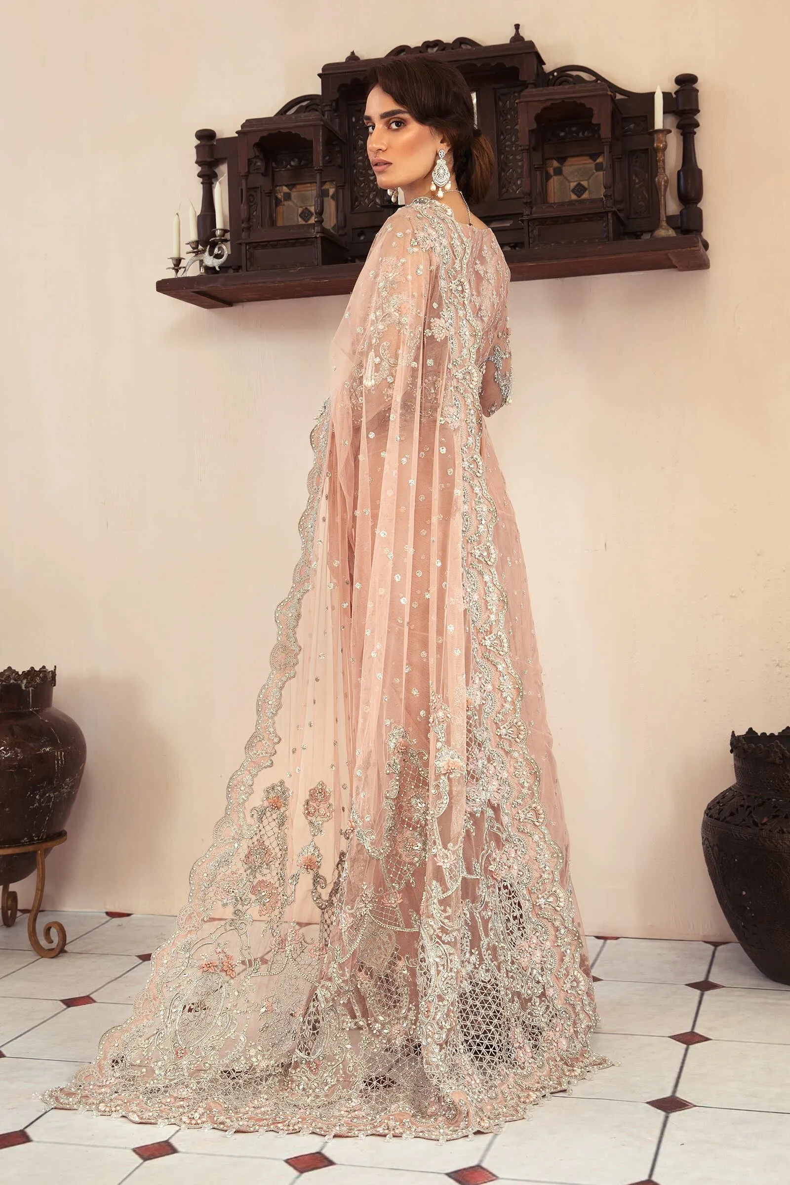 Latest Pakistani Powder Pink Saree Wedding Dress #BS745