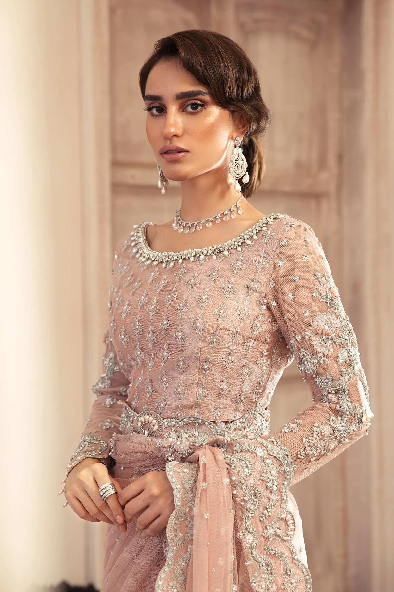 Latest Pakistani Powder Pink Saree Wedding Dress #BS745