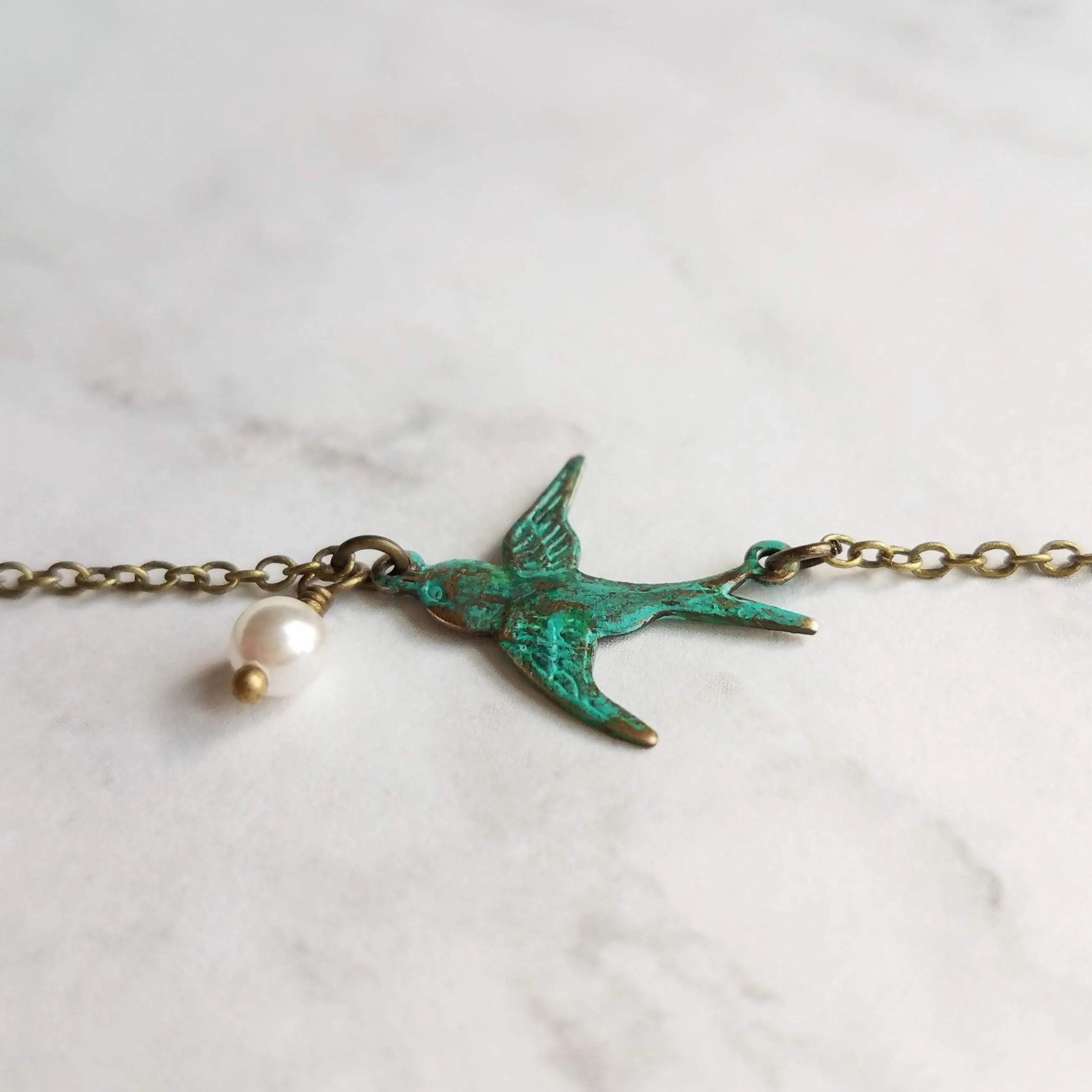 Little Bird Necklace, verdigris patina, antique brass chain, bronze necklace, blue green patina, flying bird necklace, pearl necklace, small