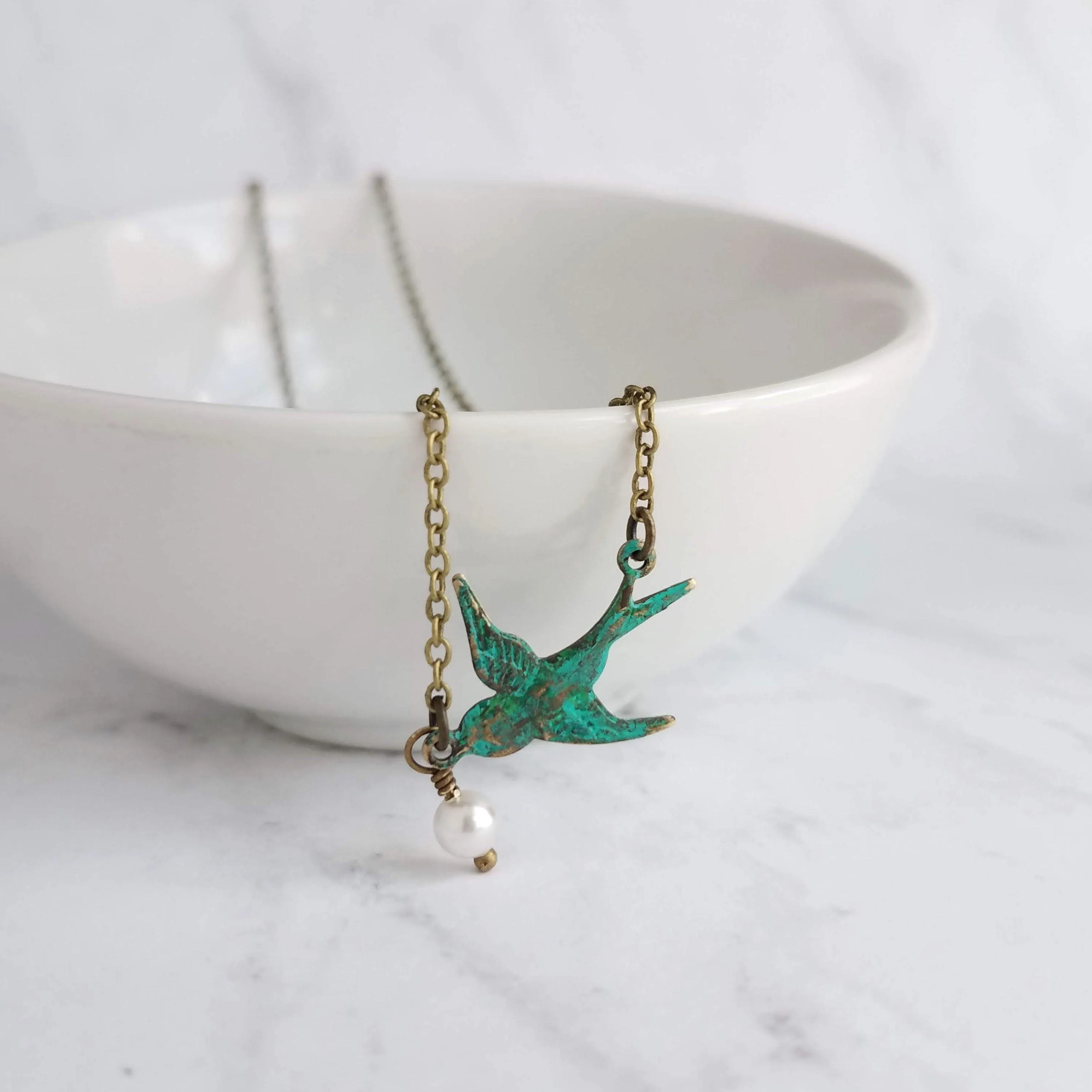 Little Bird Necklace, verdigris patina, antique brass chain, bronze necklace, blue green patina, flying bird necklace, pearl necklace, small
