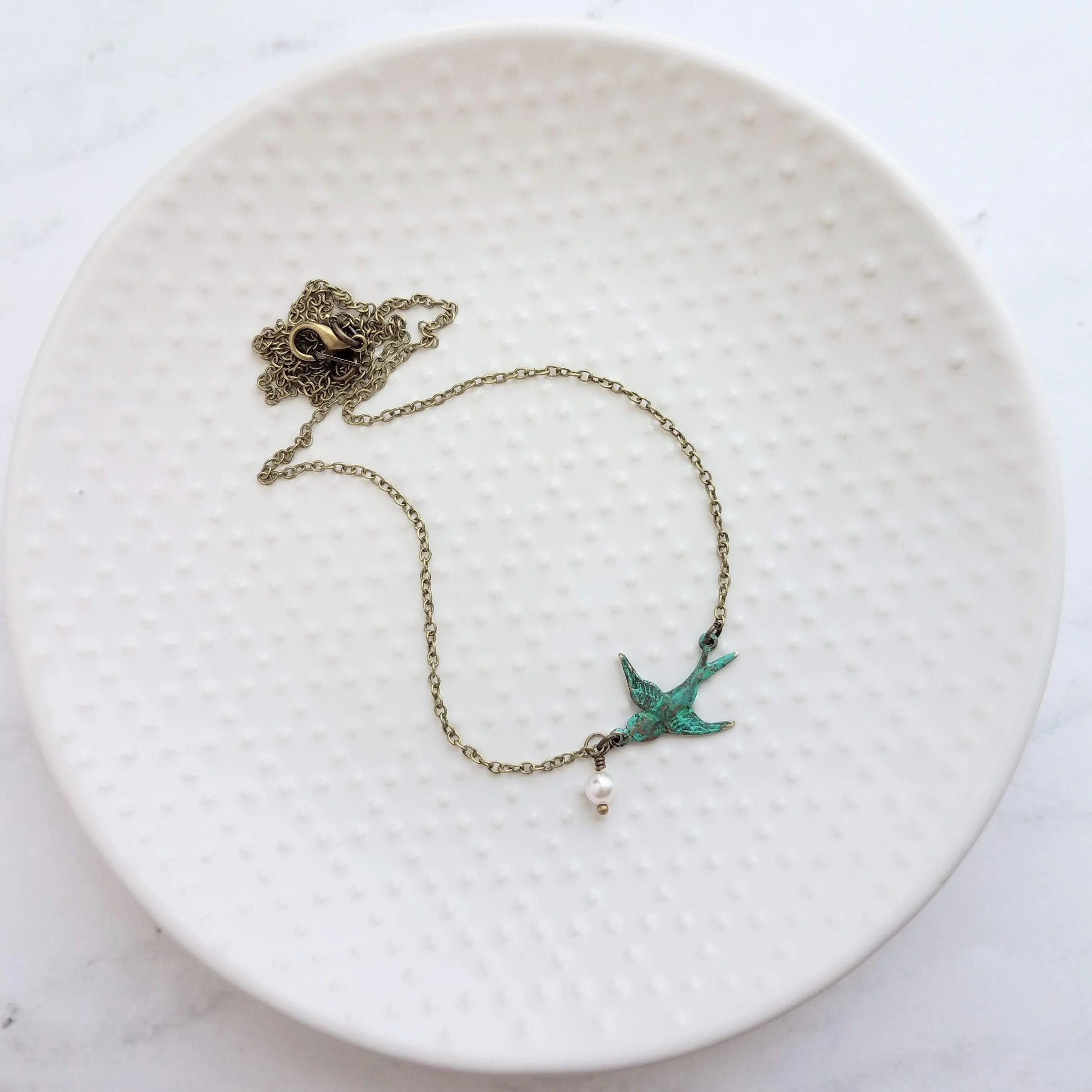 Little Bird Necklace, verdigris patina, antique brass chain, bronze necklace, blue green patina, flying bird necklace, pearl necklace, small