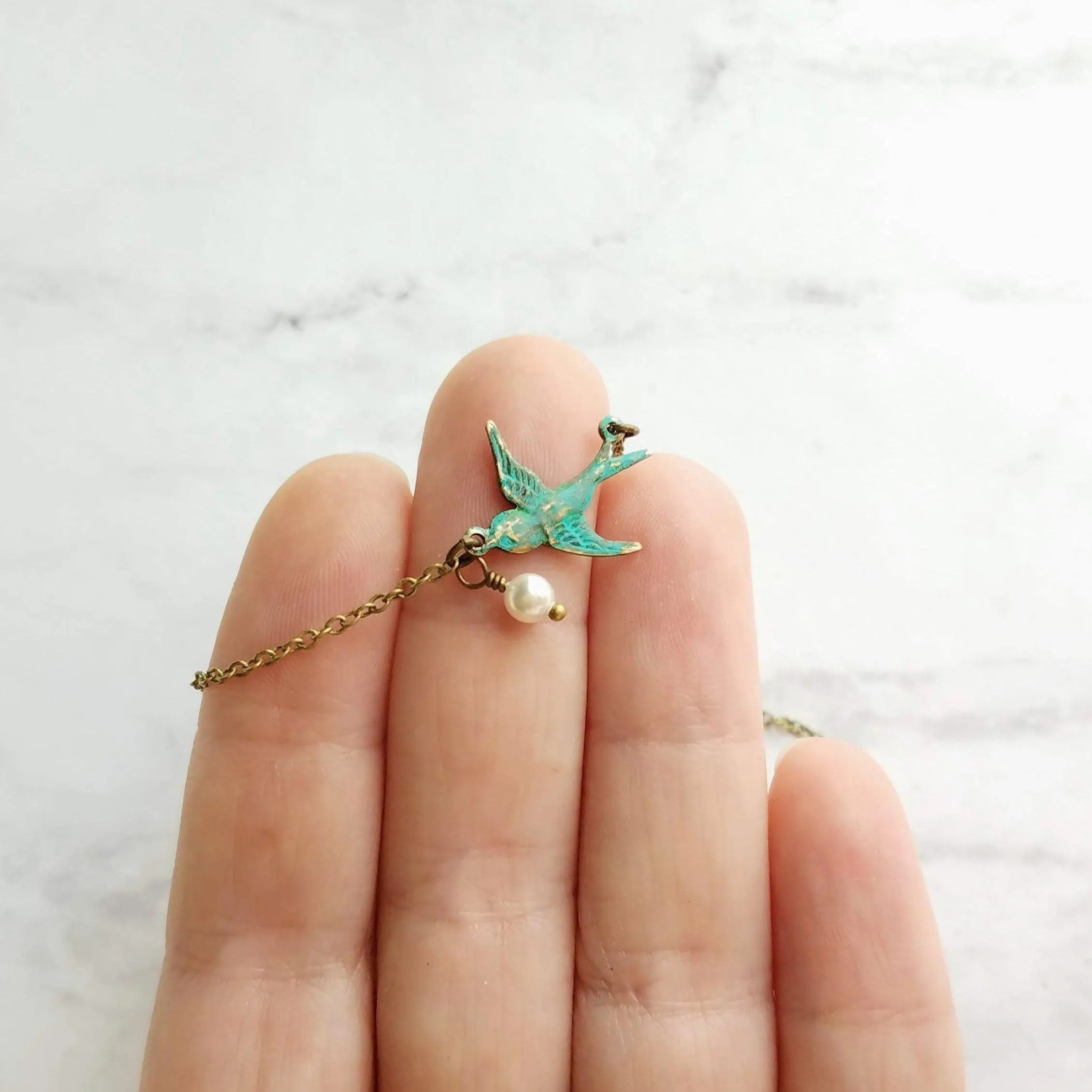 Little Bird Necklace, verdigris patina, antique brass chain, bronze necklace, blue green patina, flying bird necklace, pearl necklace, small