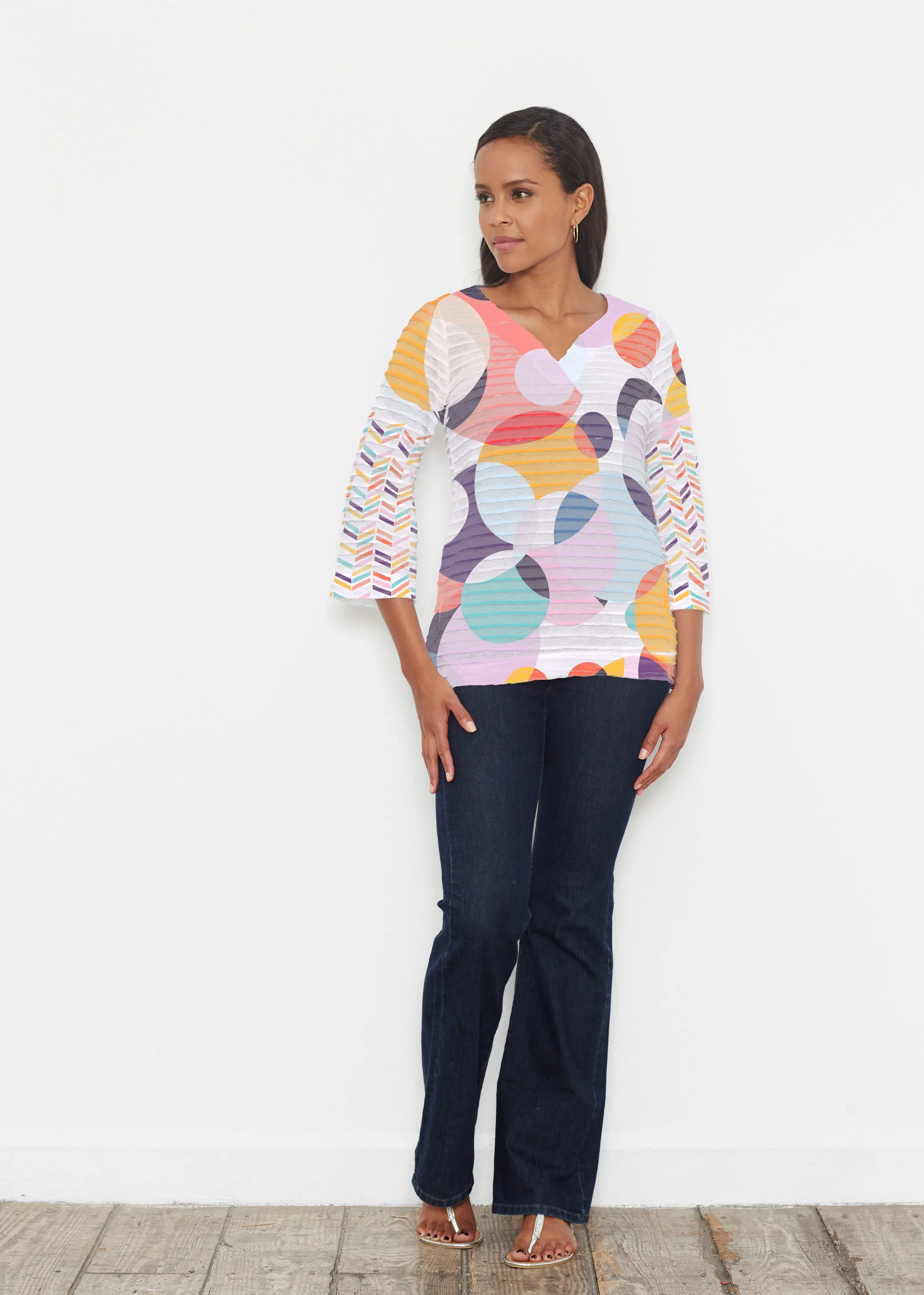 Marble Chevron (25065) ~ Banded 3/4 Bell-Sleeve V-Neck Tunic
