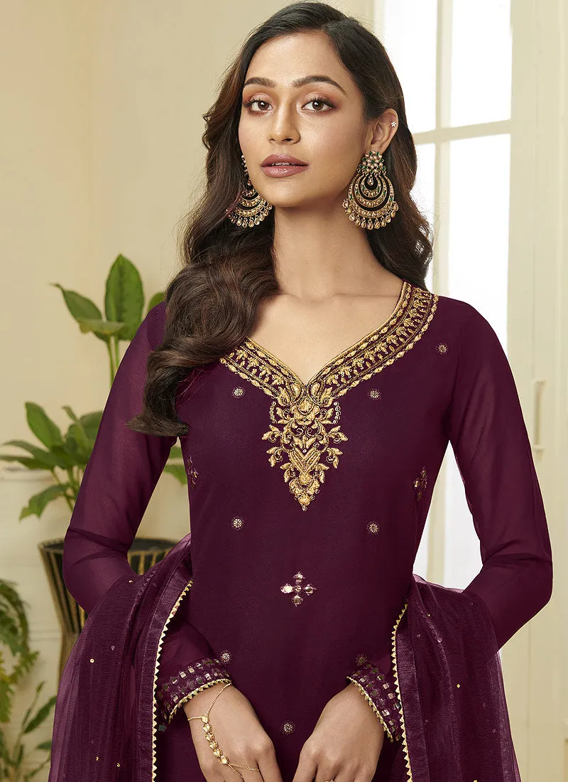Maroon Embroidered Designer Sharara Suit