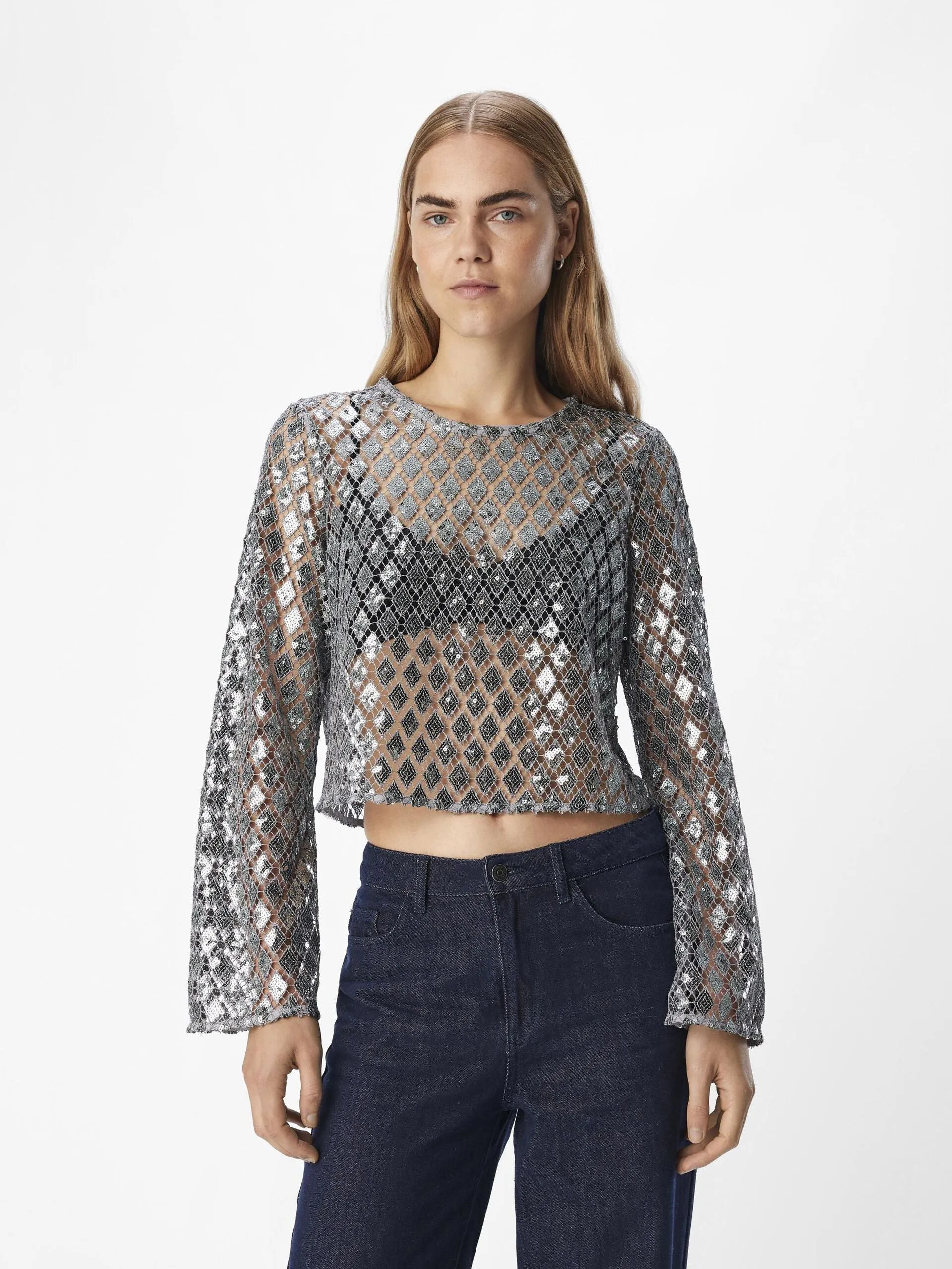 Metallic Silver Long Sleeve Top
