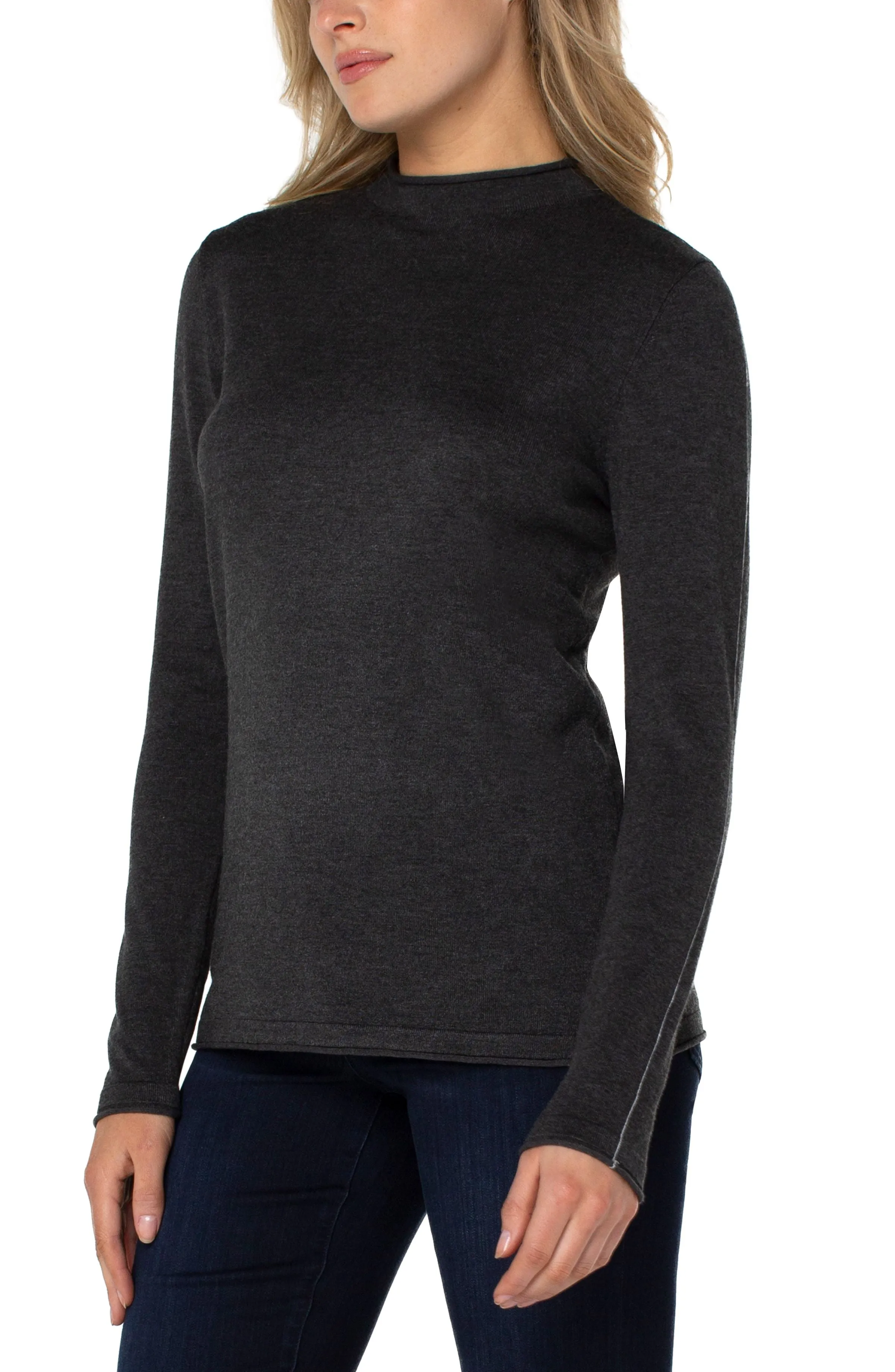 Mock Neck Rolled Hem Long Sleeve Sweater