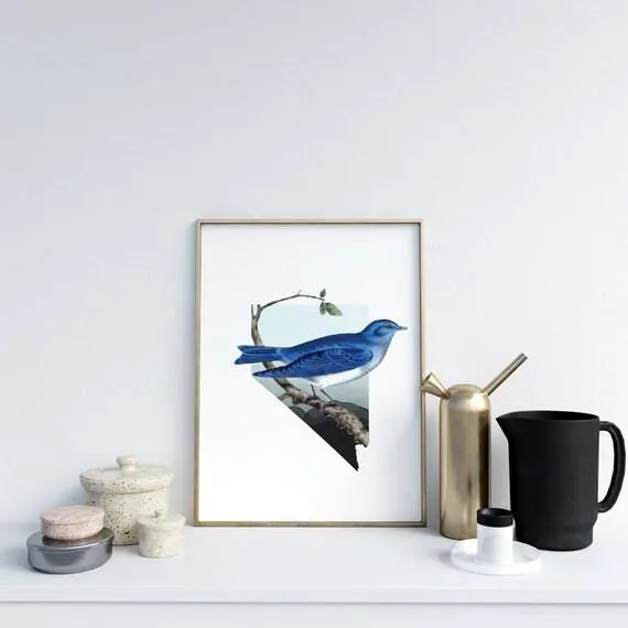 Nevada State Outline Print | Mountain Bluebird Art | Nevada Nature Gift | NV Illustration & State Bird Decor