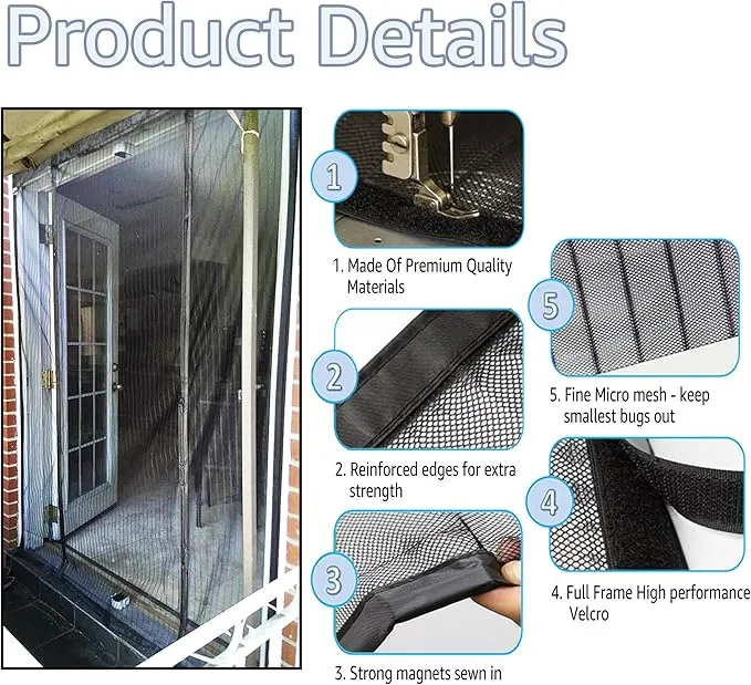 New TheFitLife Double Door Magnetic Screen - Mesh Curtain with Full Frame Hook & Loop Powerful Magnets, Snap Shut Automatically for Patio, Sliding Or Large Door (Black Fits Doors up to 48''x80'' Max)