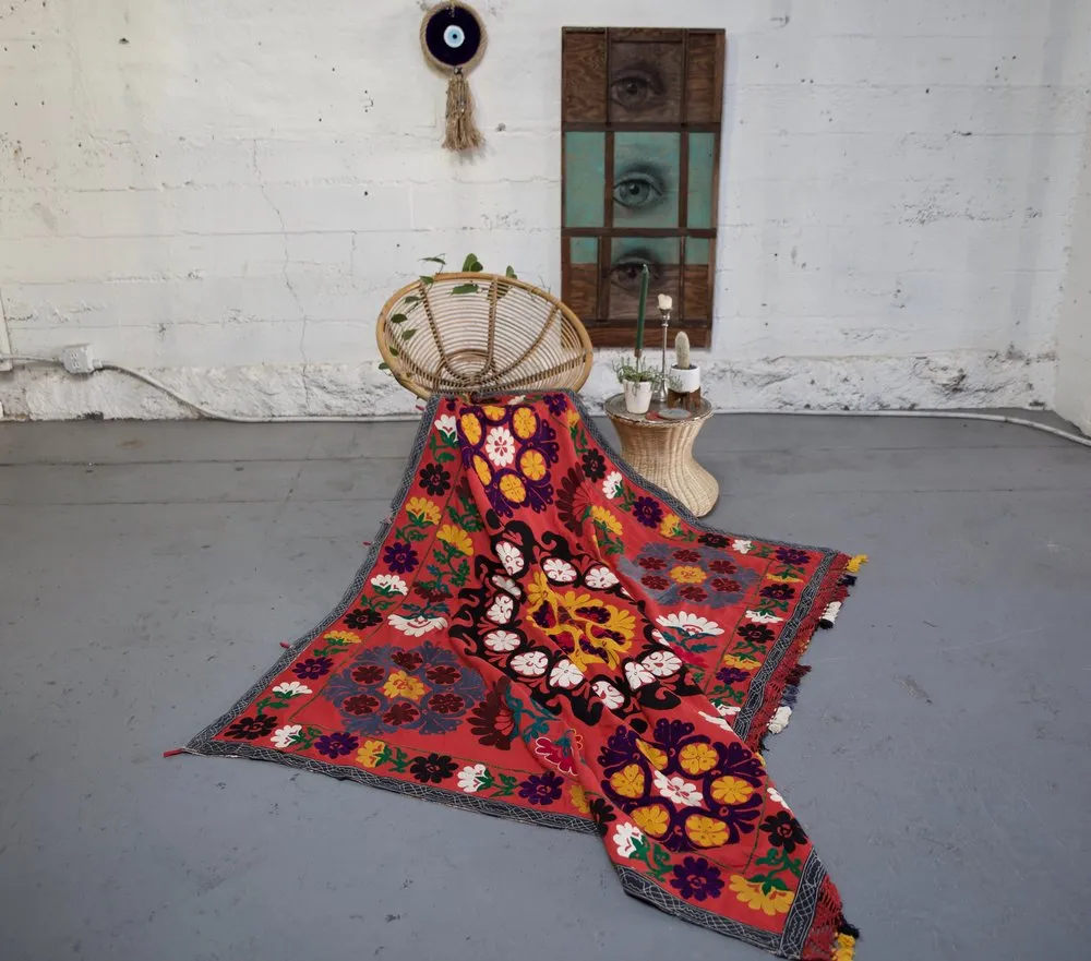 Old double sided cotton Suzani Throw in blood orange