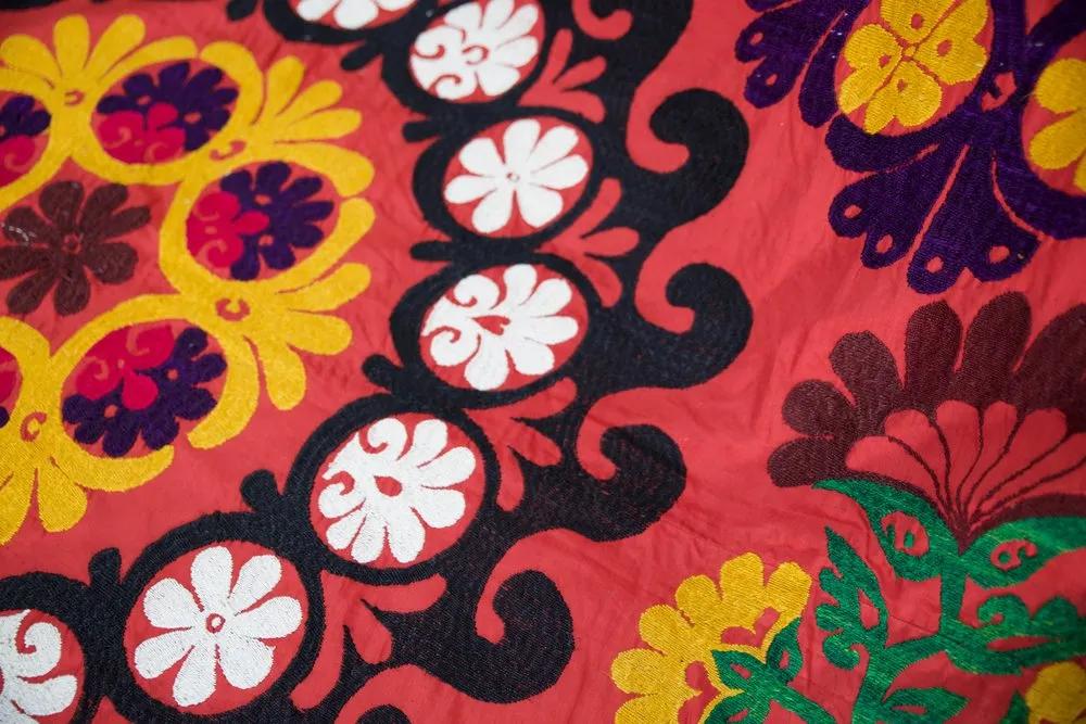 Old double sided cotton Suzani Throw in blood orange