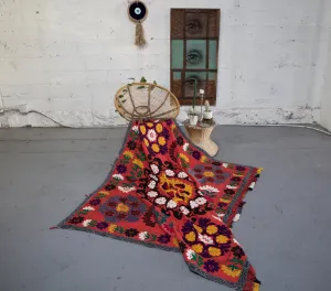 Old double sided cotton Suzani Throw in blood orange