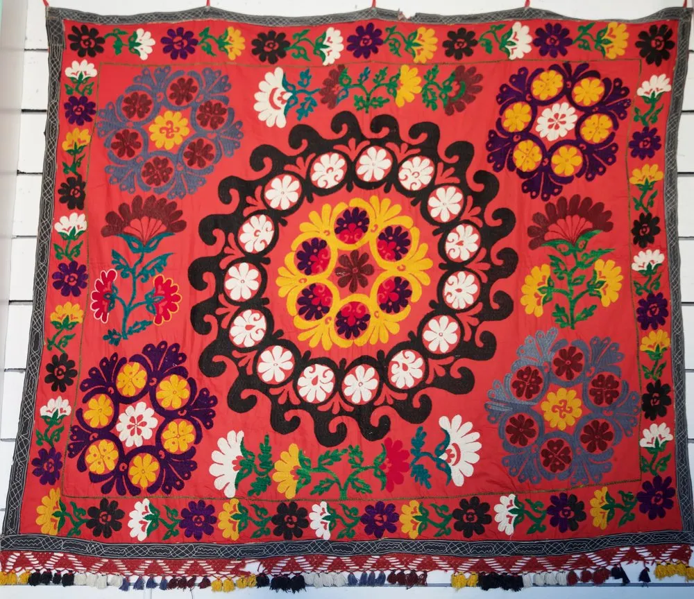 Old double sided cotton Suzani Throw in blood orange