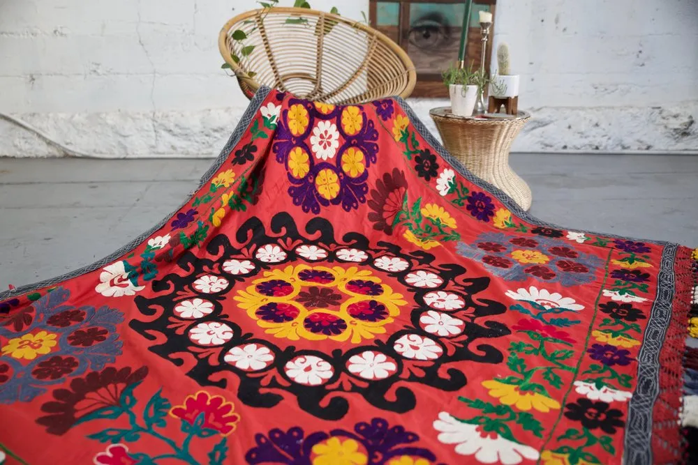 Old double sided cotton Suzani Throw in blood orange