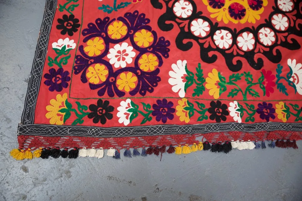 Old double sided cotton Suzani Throw in blood orange