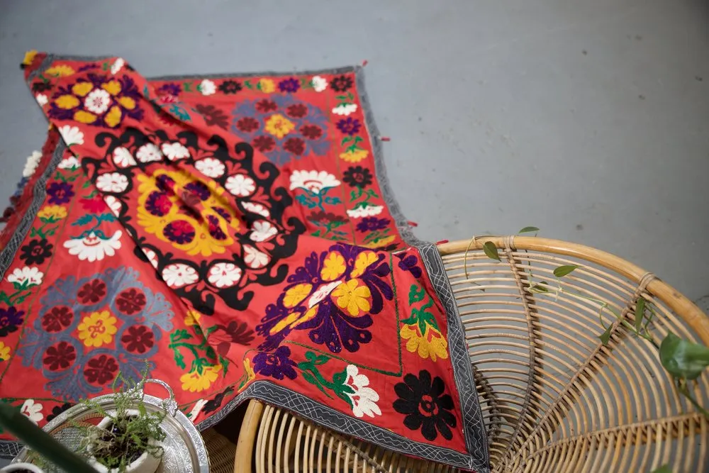 Old double sided cotton Suzani Throw in blood orange