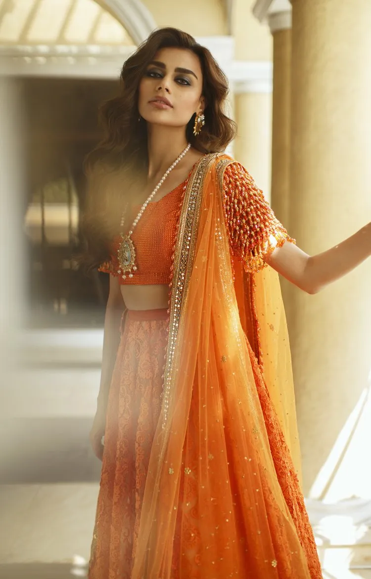 Orange Lehenga Choli and Dupatta Pakistani Bridal Dress