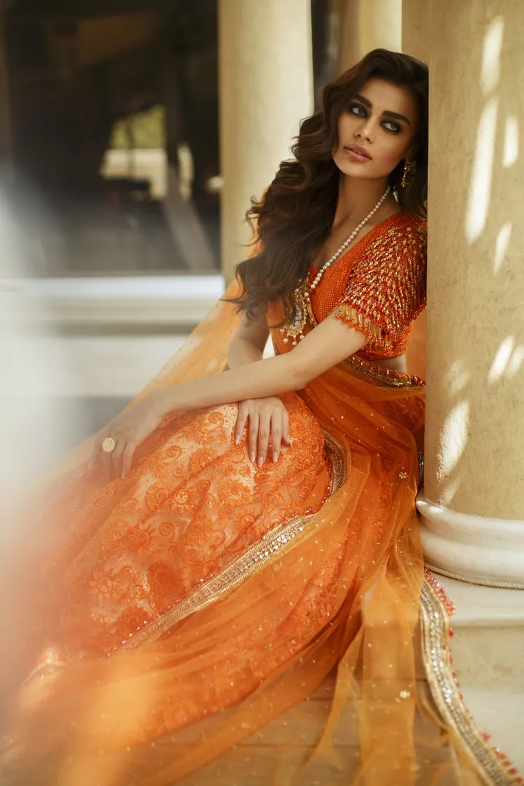Orange Lehenga Choli and Dupatta Pakistani Bridal Dress
