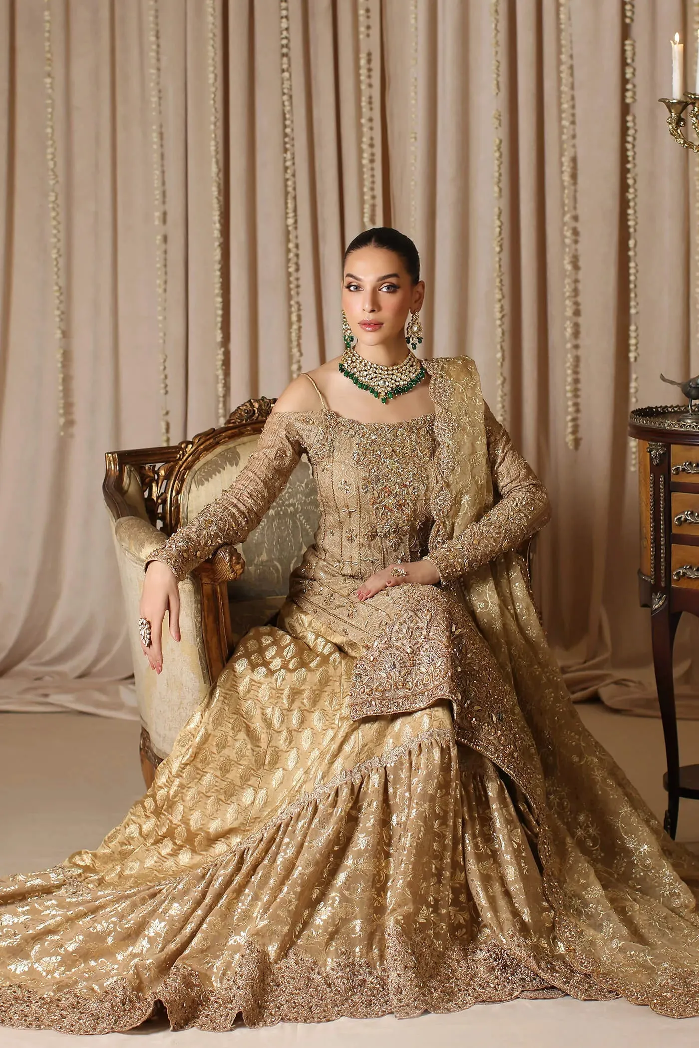 Pakistani Bridal Dress in Gold Kameez Gharara Style