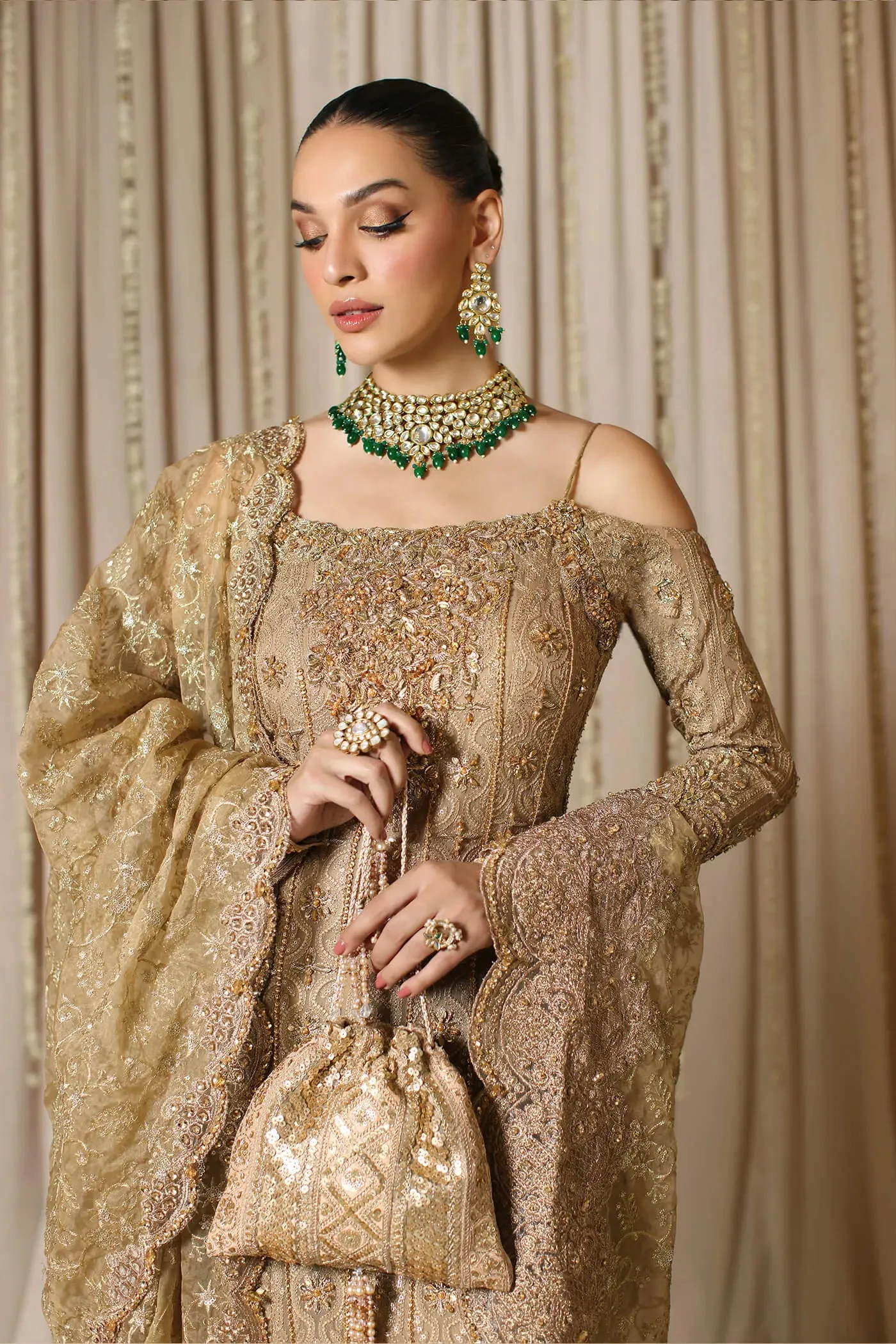 Pakistani Bridal Dress in Gold Kameez Gharara Style