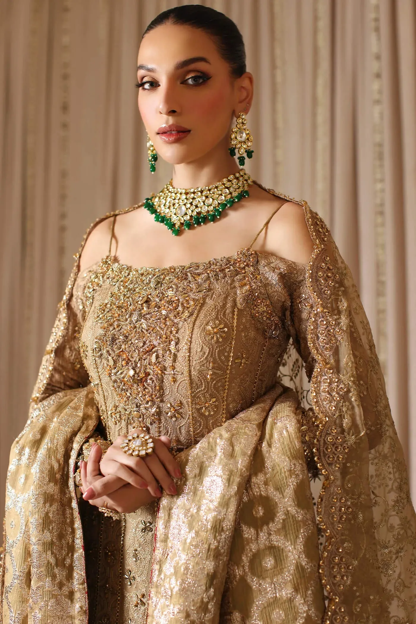 Pakistani Bridal Dress in Gold Kameez Gharara Style