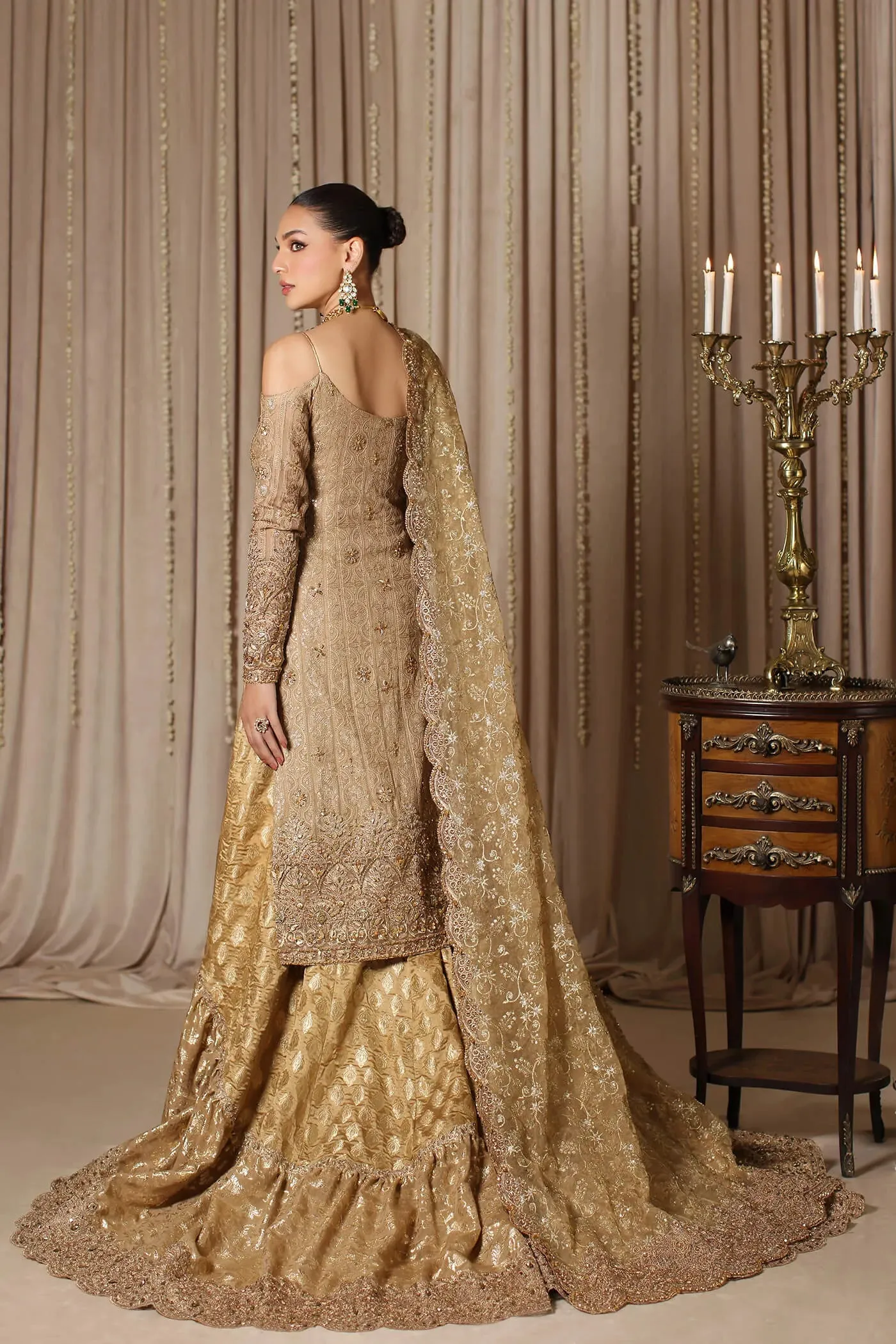 Pakistani Bridal Dress in Gold Kameez Gharara Style