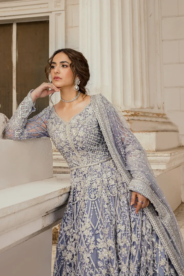 Pakistani Bridal Dress in Ice Blue Pishwas Frock Style