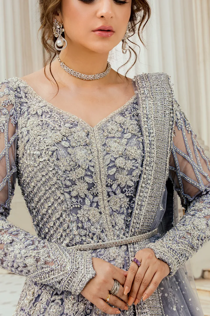 Pakistani Bridal Dress in Ice Blue Pishwas Frock Style