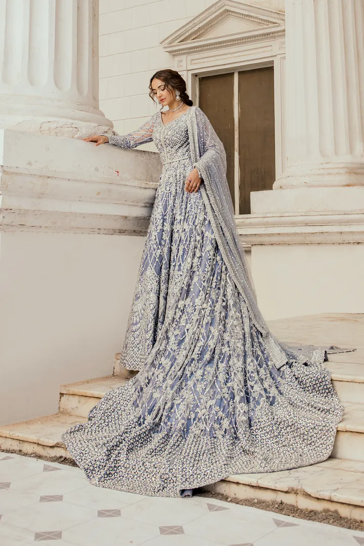 Pakistani Bridal Dress in Ice Blue Pishwas Frock Style