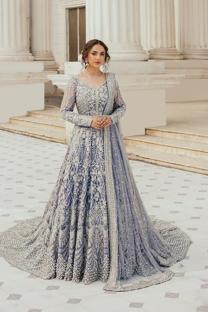 Pakistani Bridal Dress in Ice Blue Pishwas Frock Style