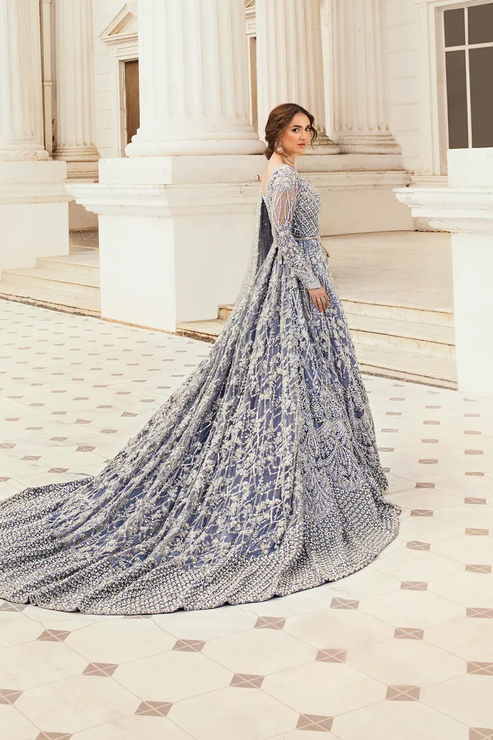 Pakistani Bridal Dress in Ice Blue Pishwas Frock Style