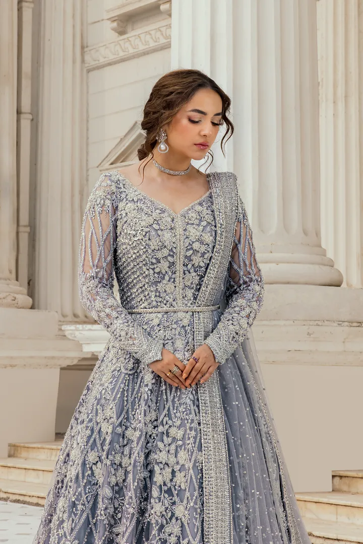 Pakistani Bridal Dress in Ice Blue Pishwas Frock Style