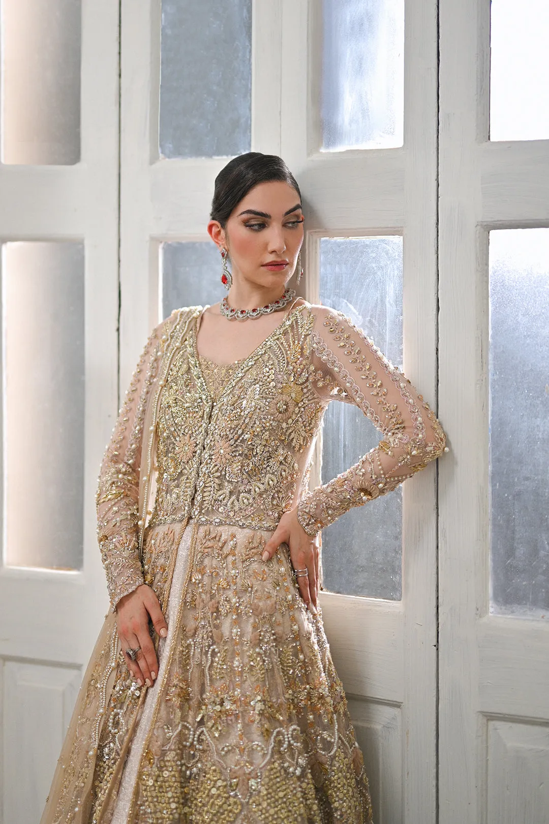 Pakistani Bridal Dress in Open Gown and Lehenga Style