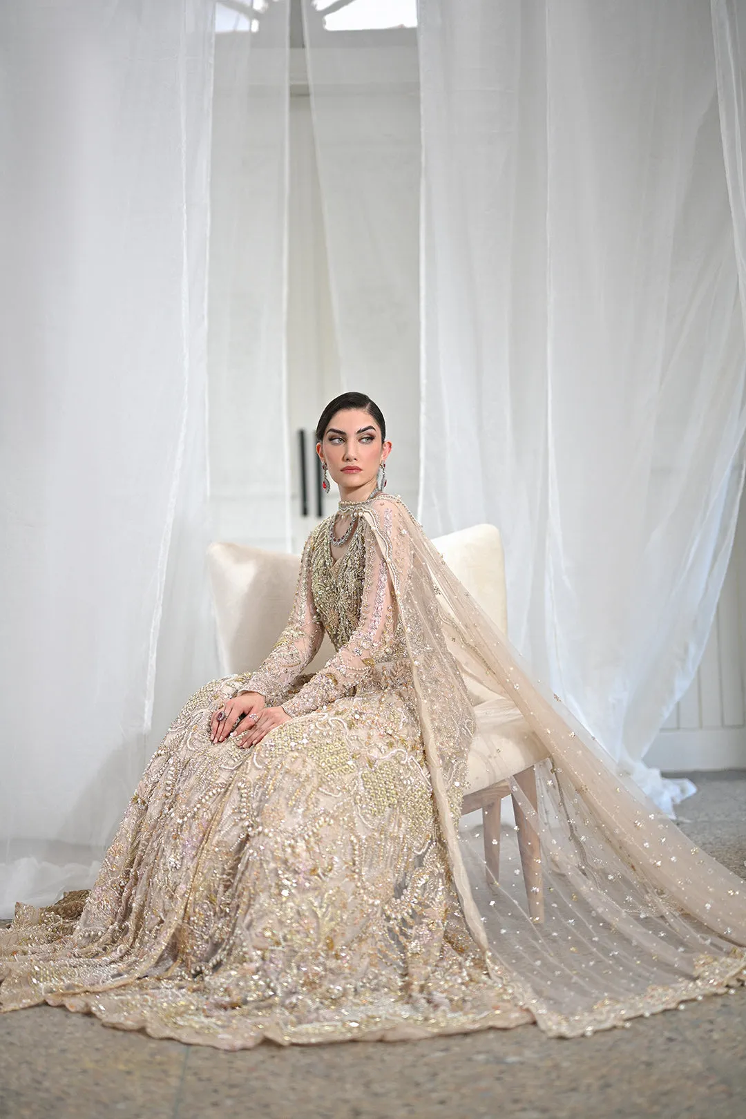 Pakistani Bridal Dress in Open Gown and Lehenga Style