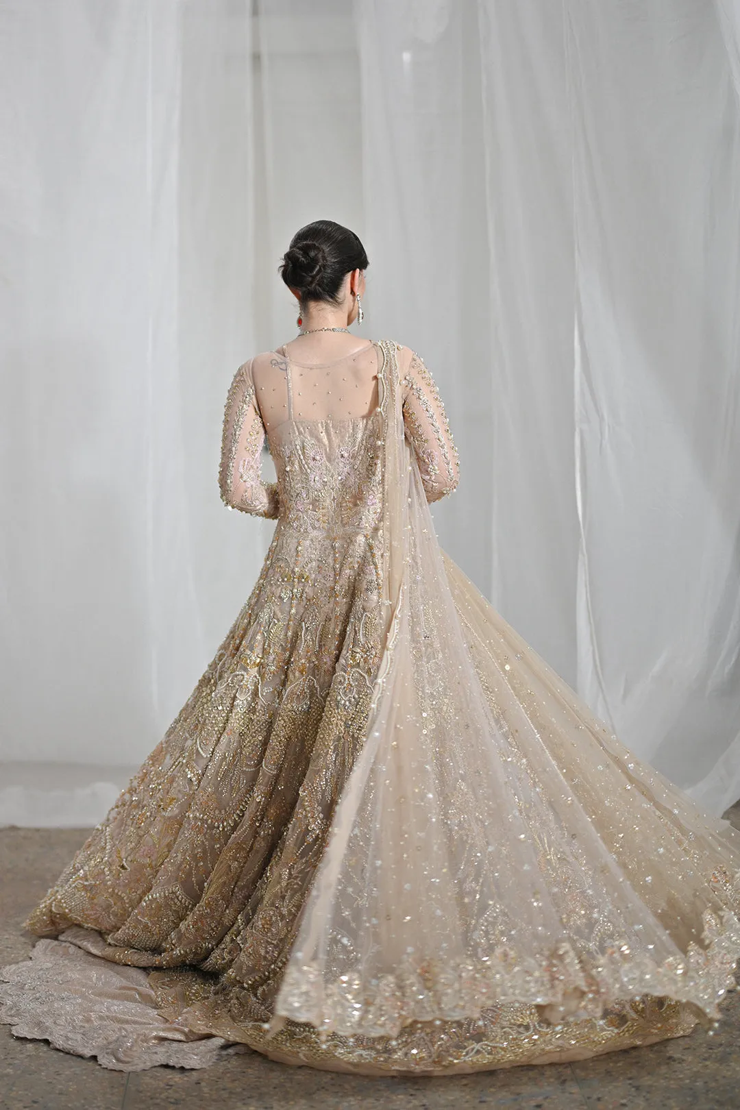Pakistani Bridal Dress in Open Gown and Lehenga Style