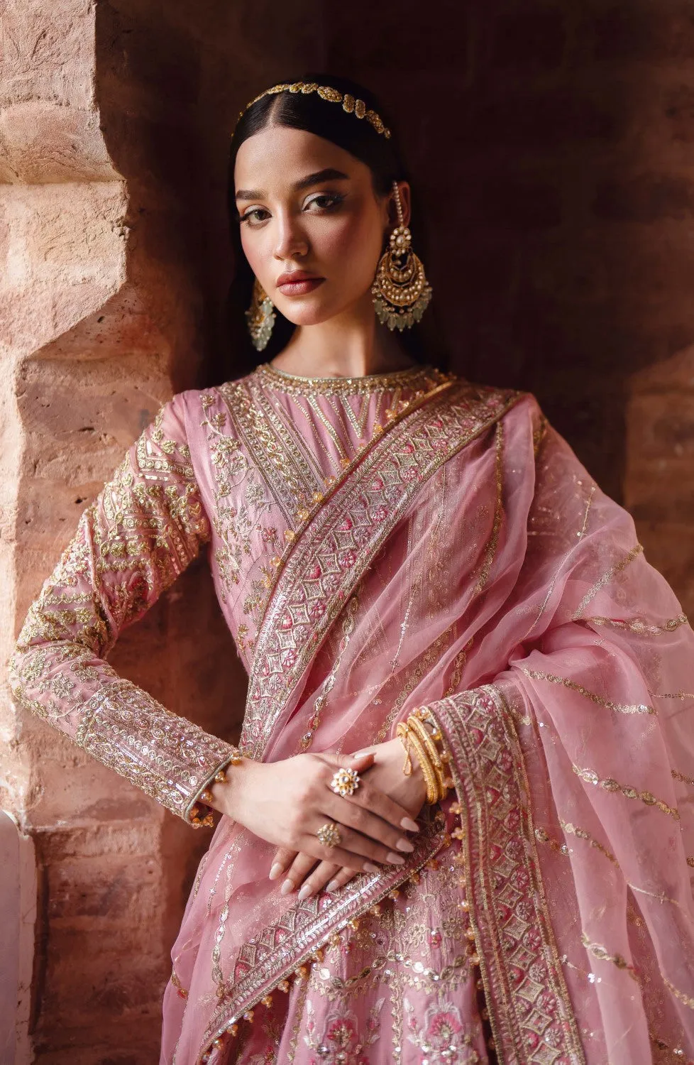 Pakistani Bridal Dress in Rose Pink Pishwas Frock Style