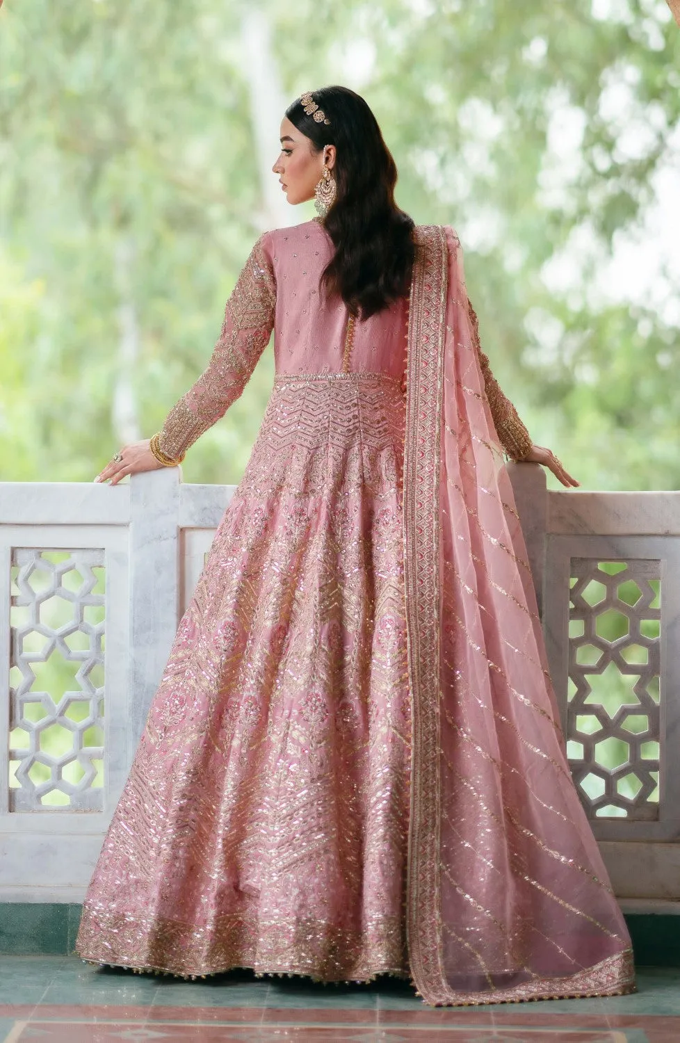 Pakistani Bridal Dress in Rose Pink Pishwas Frock Style