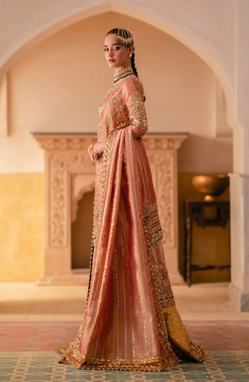 Pakistani Bridal Dress in Tissue Kameez Lehenga Style