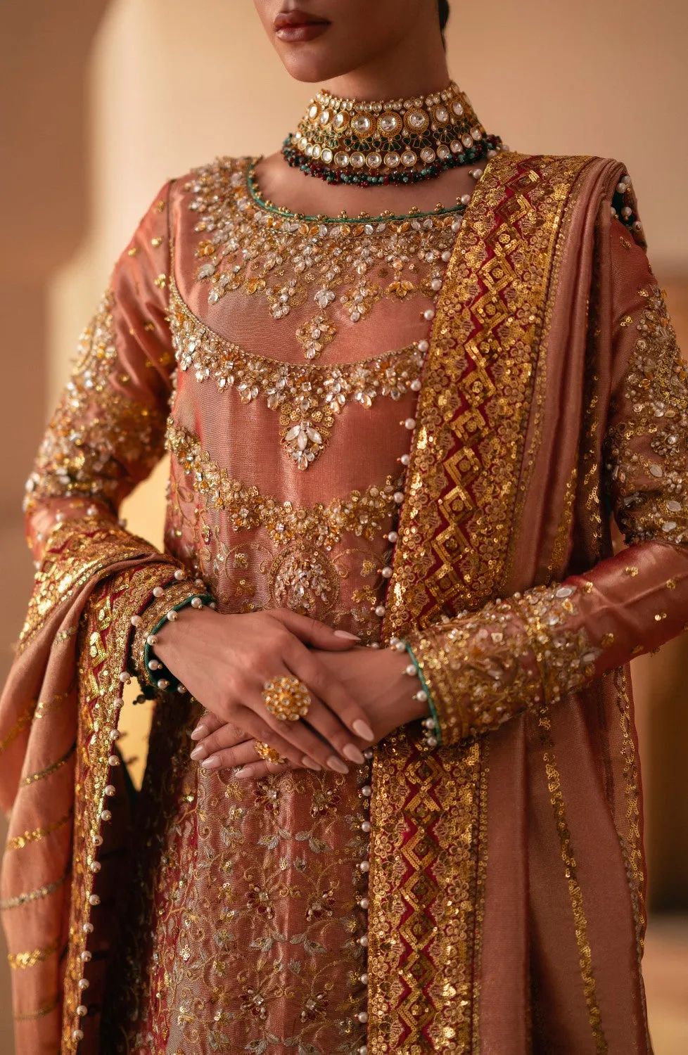 Pakistani Bridal Dress in Tissue Kameez Lehenga Style