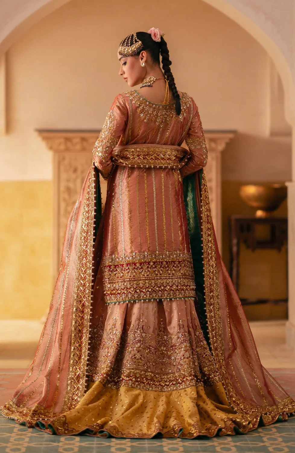 Pakistani Bridal Dress in Tissue Kameez Lehenga Style