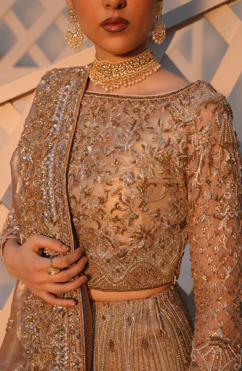 Pakistani Bridal Outfit in Net Choli and Lehenga Style