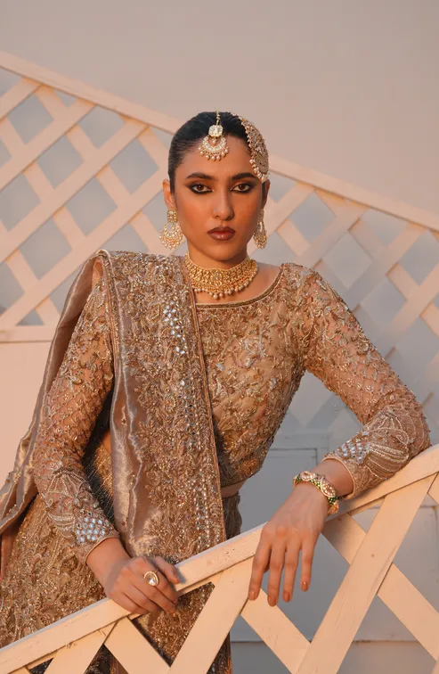 Pakistani Bridal Outfit in Net Choli and Lehenga Style