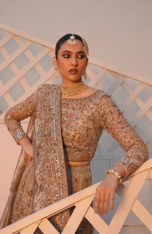 Pakistani Bridal Outfit in Net Choli and Lehenga Style