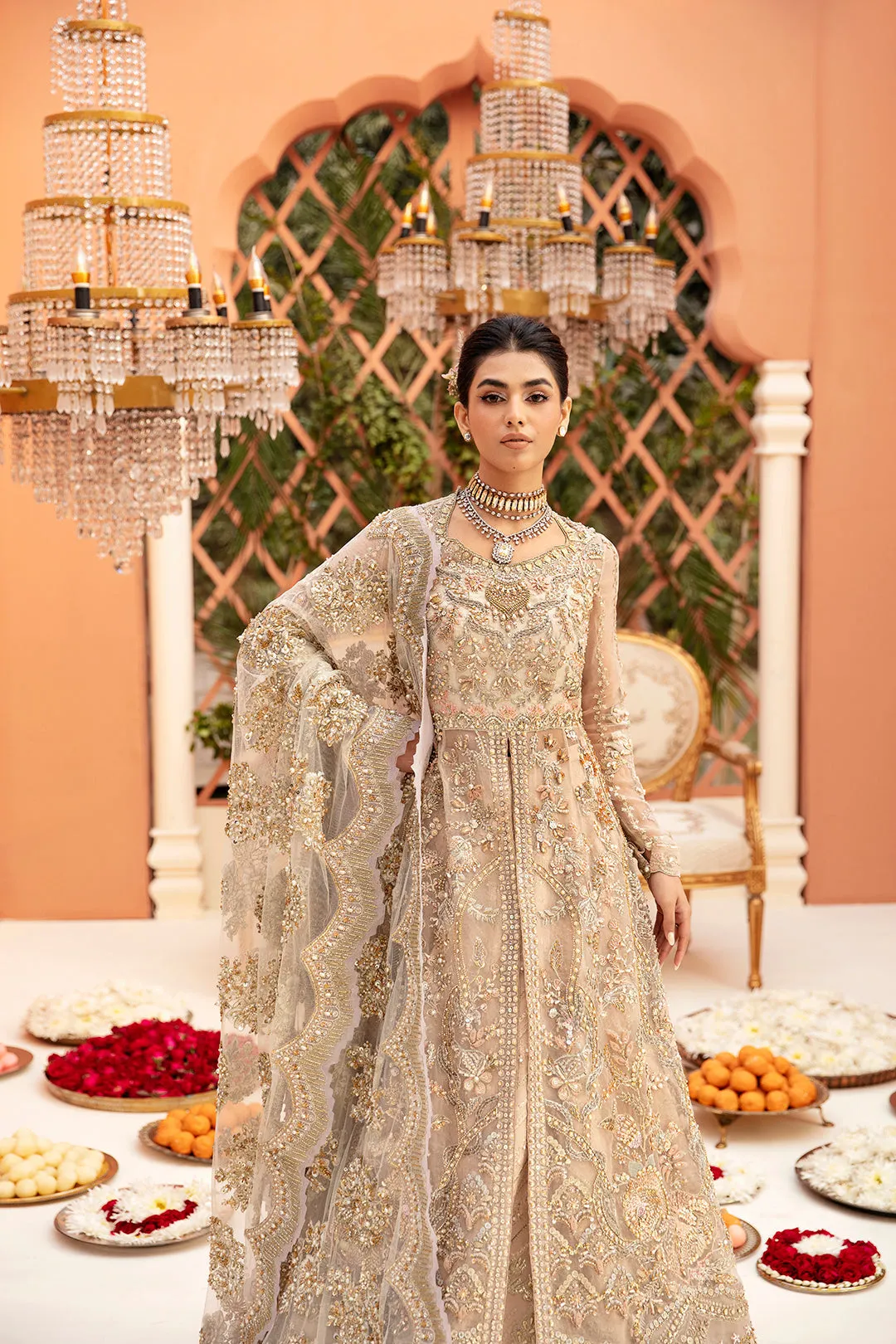 Pakistani Bridal Outfit in Open Gown and Lehenga Style